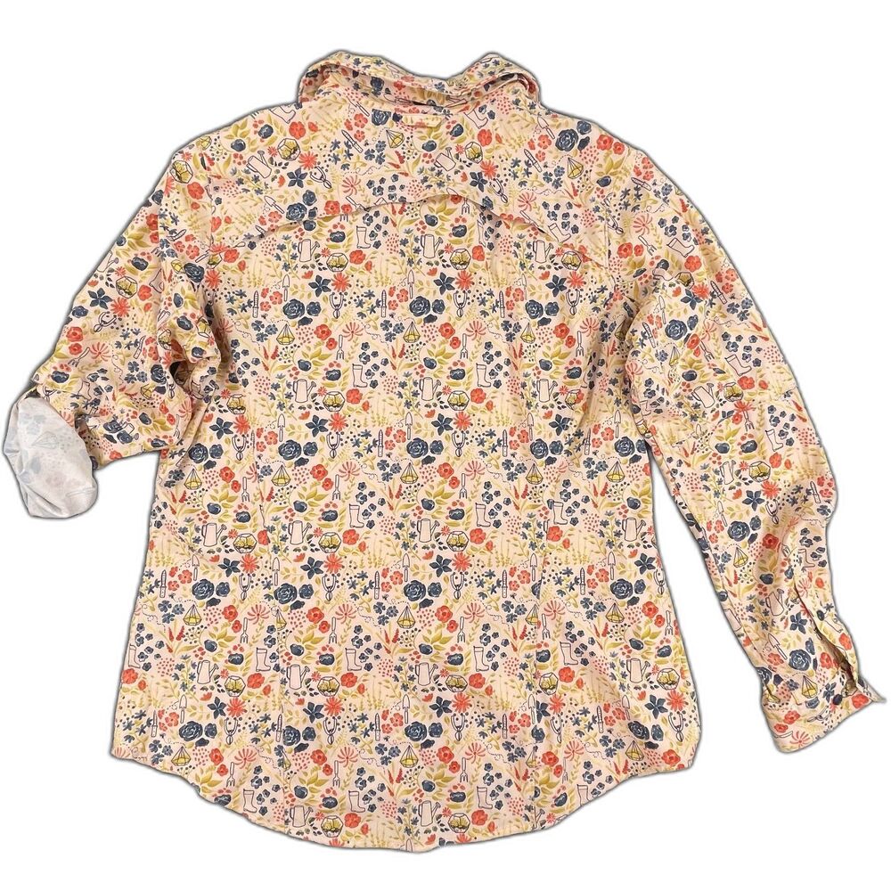 Duluth Trading Co. Garden Tool Print Shirt L Wrinklefighter Roll Tab Cottagecore - Picture 2 of 11